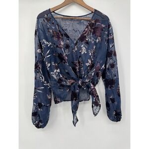 Blue Floral Tie Front Wrap Blouse Sheer Long Sleeve Coquette Whimsigoth Fairy